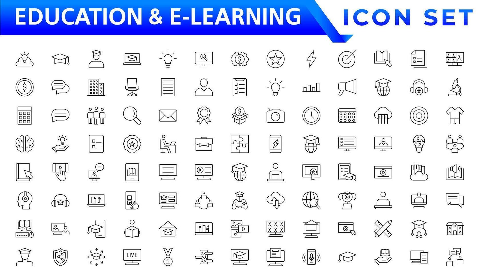 Education and E-learning icon set. Online education icon set. Thin line icons set. Distance learning. Containing video tuition, e-learning, online course, audio course, educational website vector