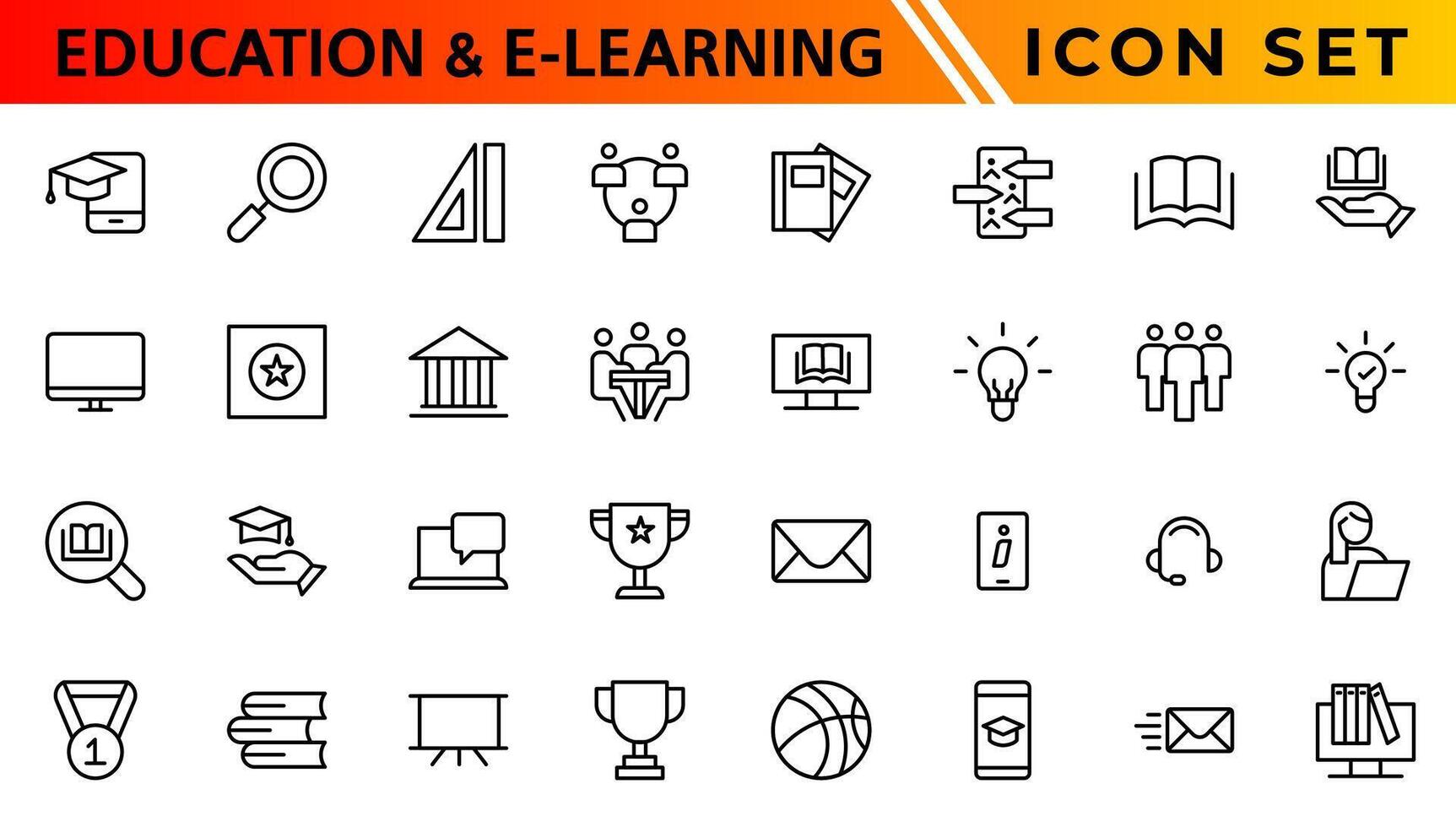 Education and E-learning icon set. Online education icon set. Thin line icons set. Distance learning. Containing video tuition, e-learning, online course, audio course, educational website vector