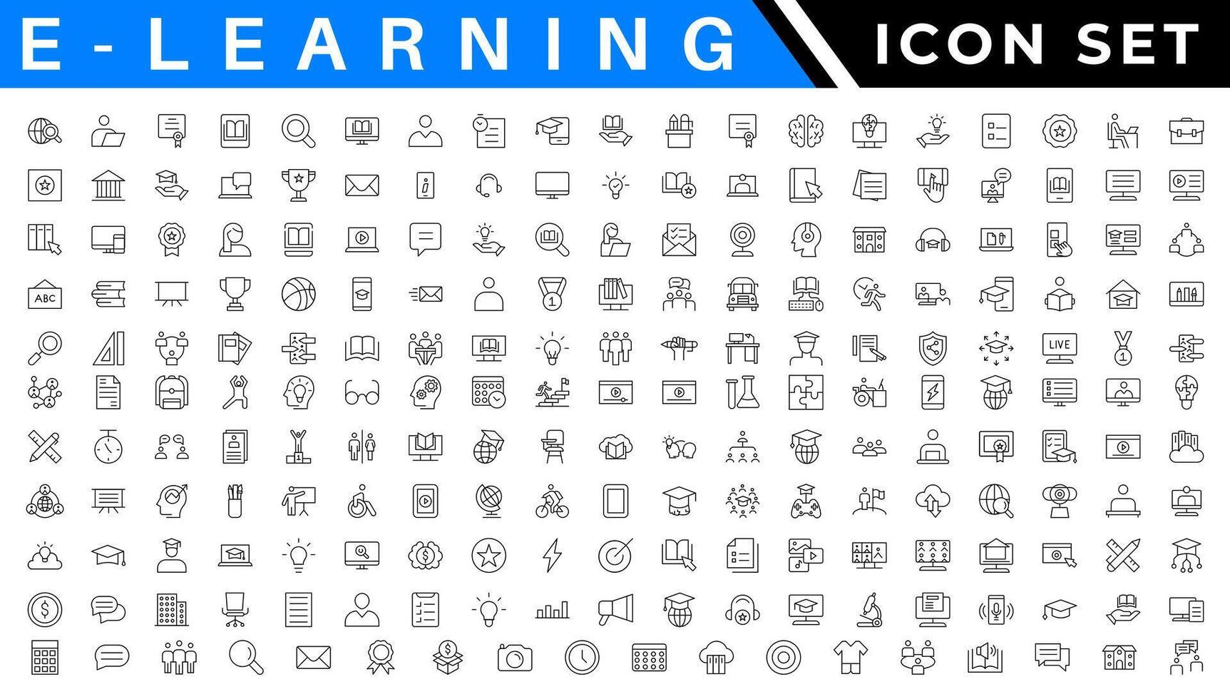 E-Learning web icons in line style. School, university, textbook, learning. Vector illustration