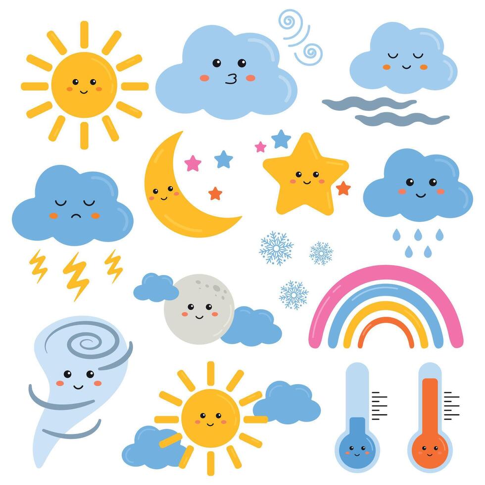 Cute weather vector set for kids with funny sun, rainbow, cloud, star, moon characters. Learning weather, forecast vocabulary for kindergarten, primary school, preschool. Cute funny weather icons set.
