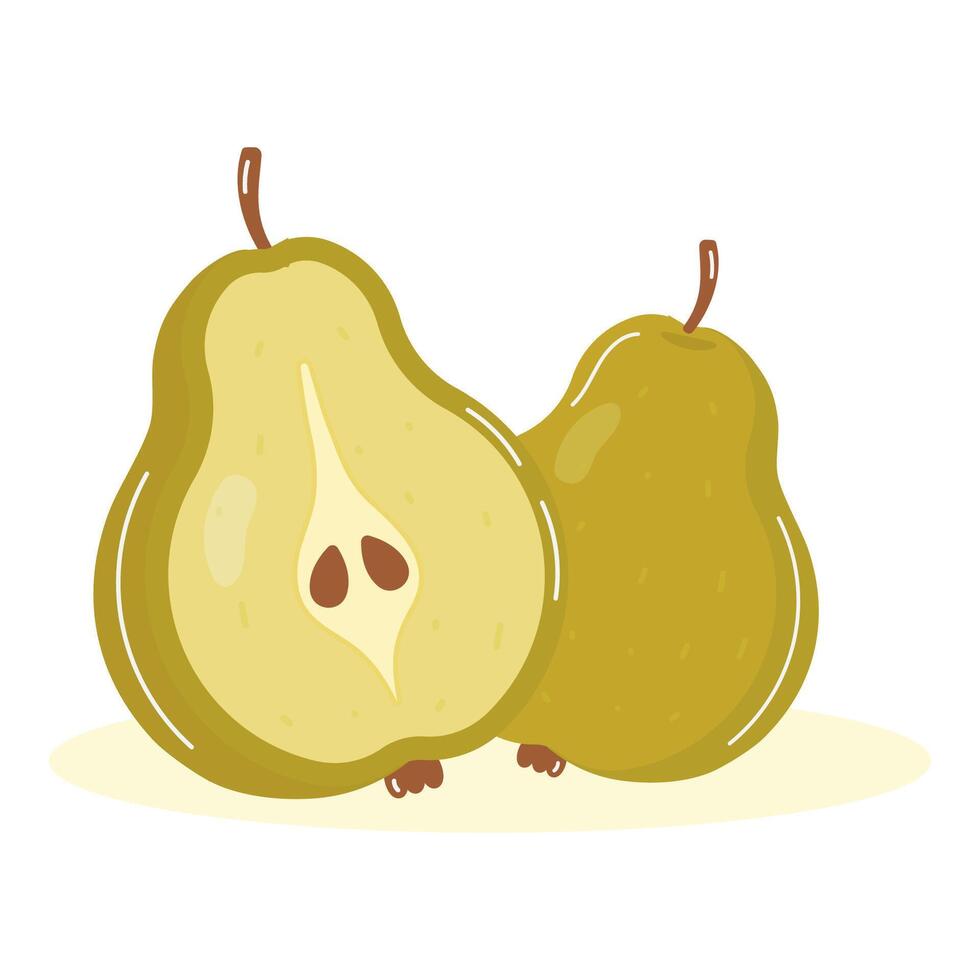 Cute pear fruit vector. Cartoon ripe pear fruits, healthy nutritious natural food. Pear half, slice. Fruit inside. Design for textiles, labels, posters. vector