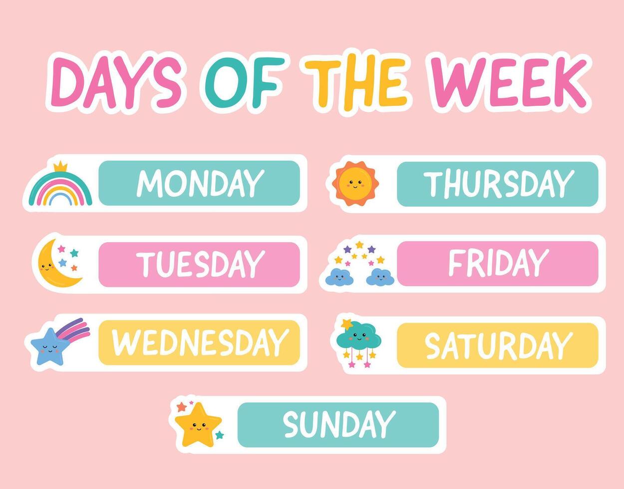Collection of 7 days of the week. Lettering stickers with days for planer stickers, scrapbooking, bullet journal, weekly planner. Days of the week stickers set. Inscription, lettering. vector