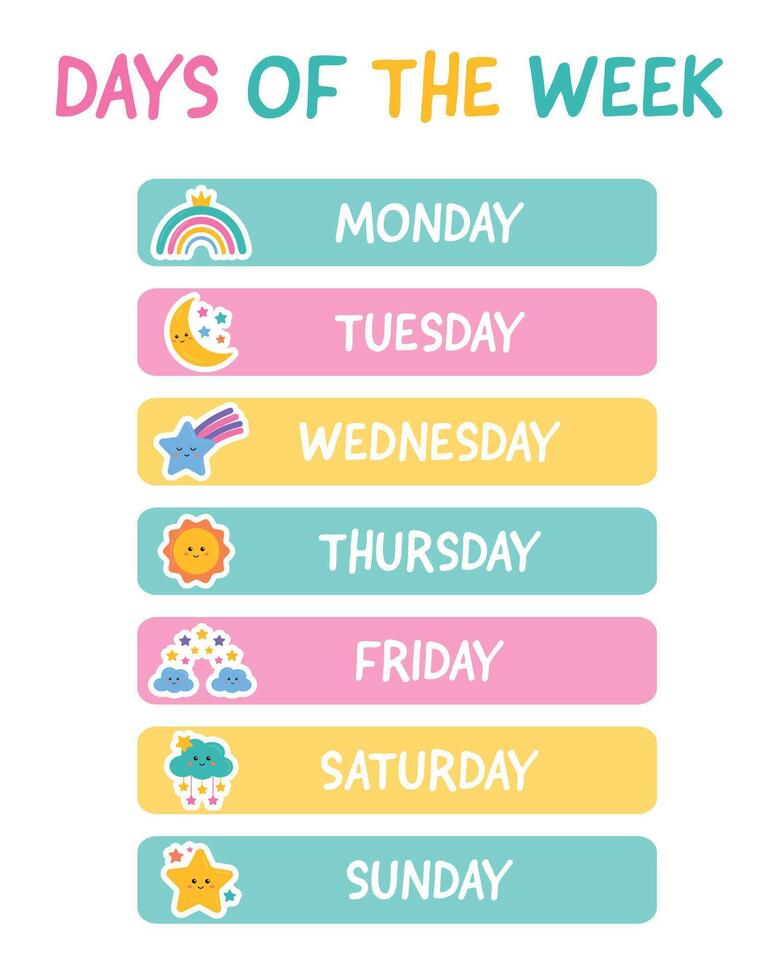 Collection of 7 days of the week. Lettering stickers with days for planer stickers, scrapbooking, bullet journal, weekly planner. Learning days of week poster for classroom, preschool, kindergarten. vector