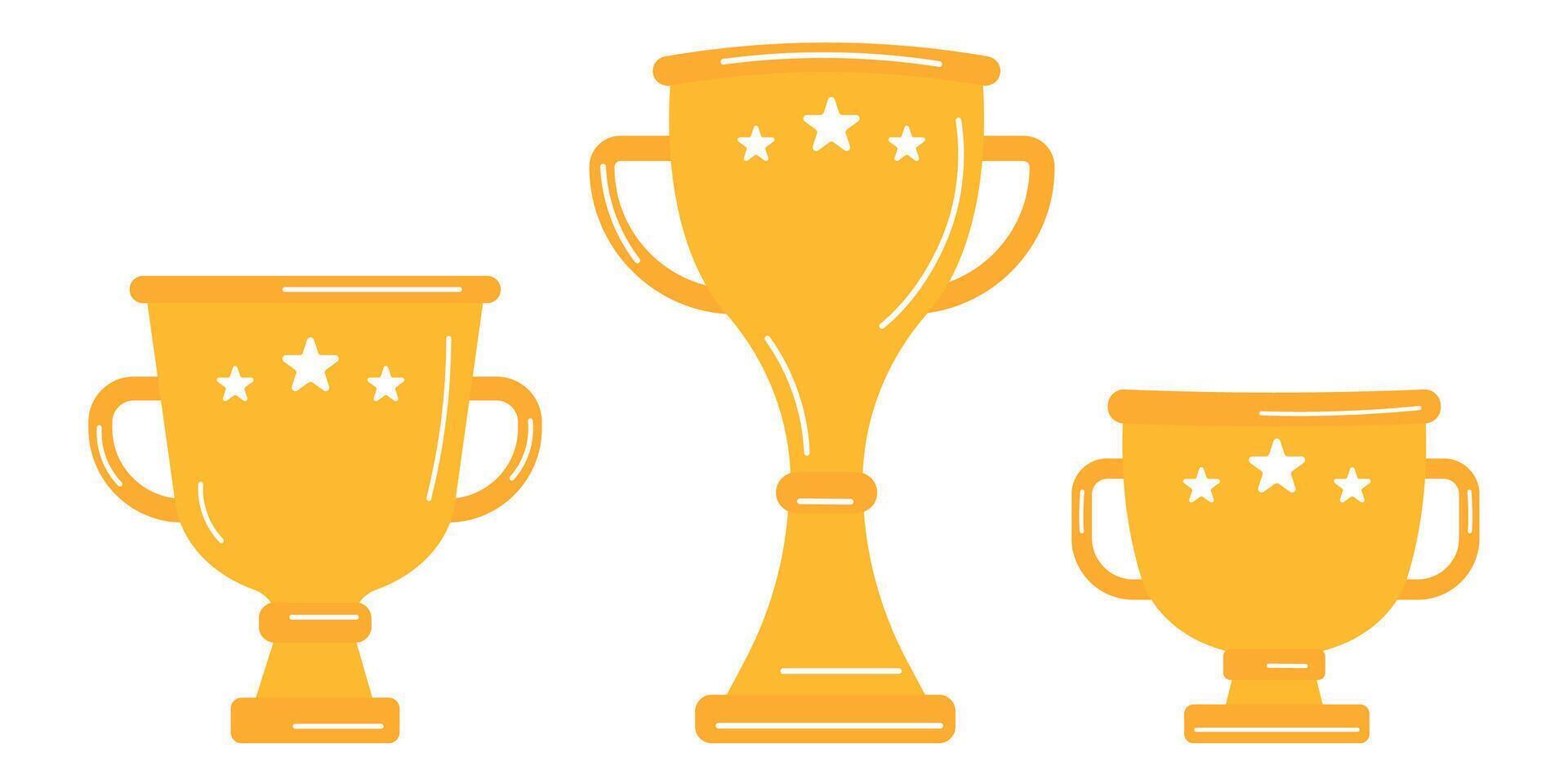 Gold awards, champion cups for winners in sport competitions. Champions awards, prize for first place in competitions. Reward appreciation set. Win, success symbol, icon. vector