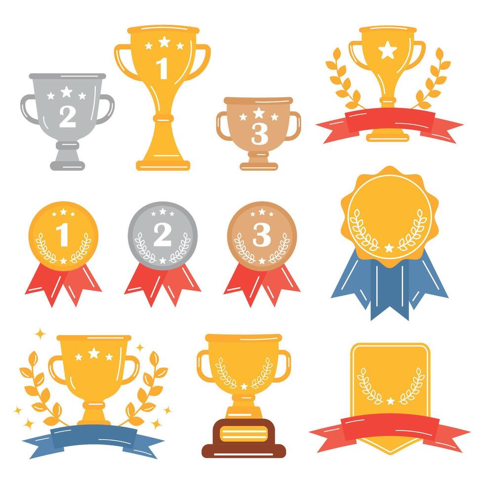 Achievement, reward awards for winners and champions in competitions. Champions cups, gold, silver bronze medals for first, second and third place in competitions. Olympics awards, appreciation set. vector