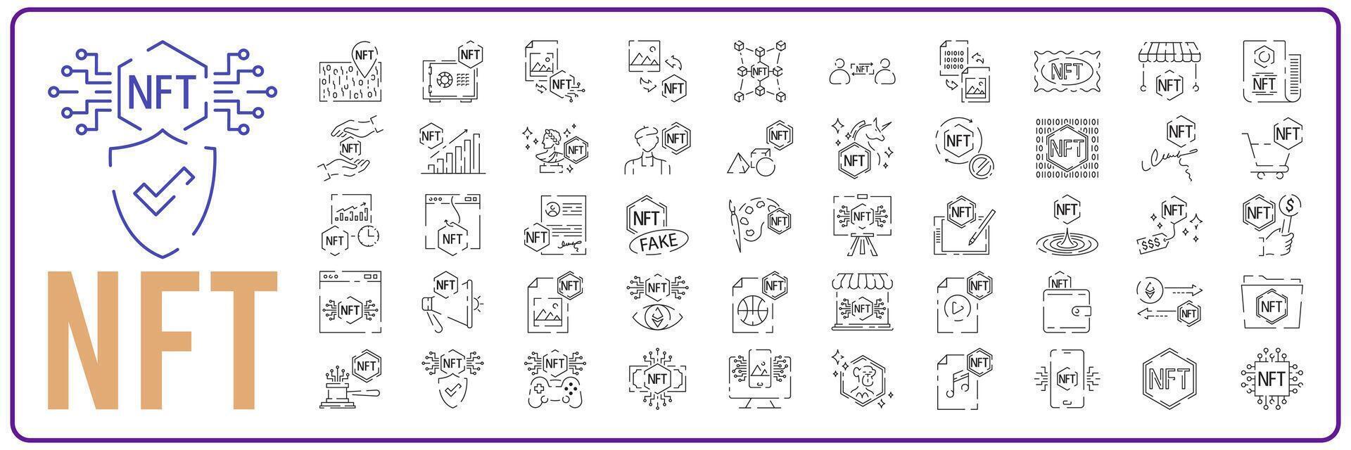 NFT line icons set. Editable Stroke. Vector token symbol digital crypto coin sign.