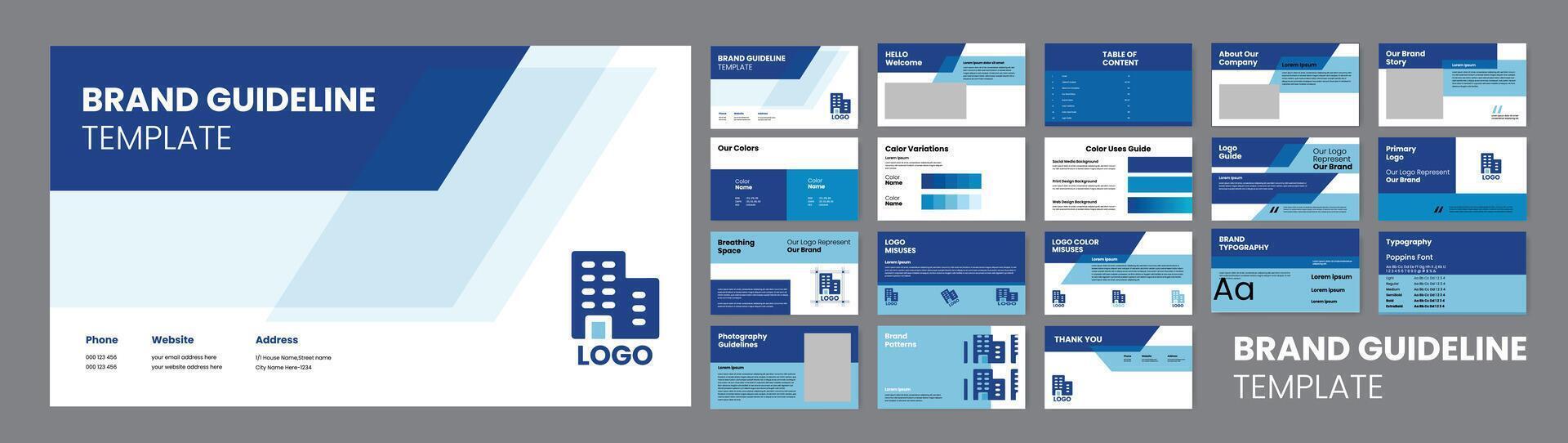 Style Guide Template for Branding Guidelines. Blue Accent Presentation Design. vector