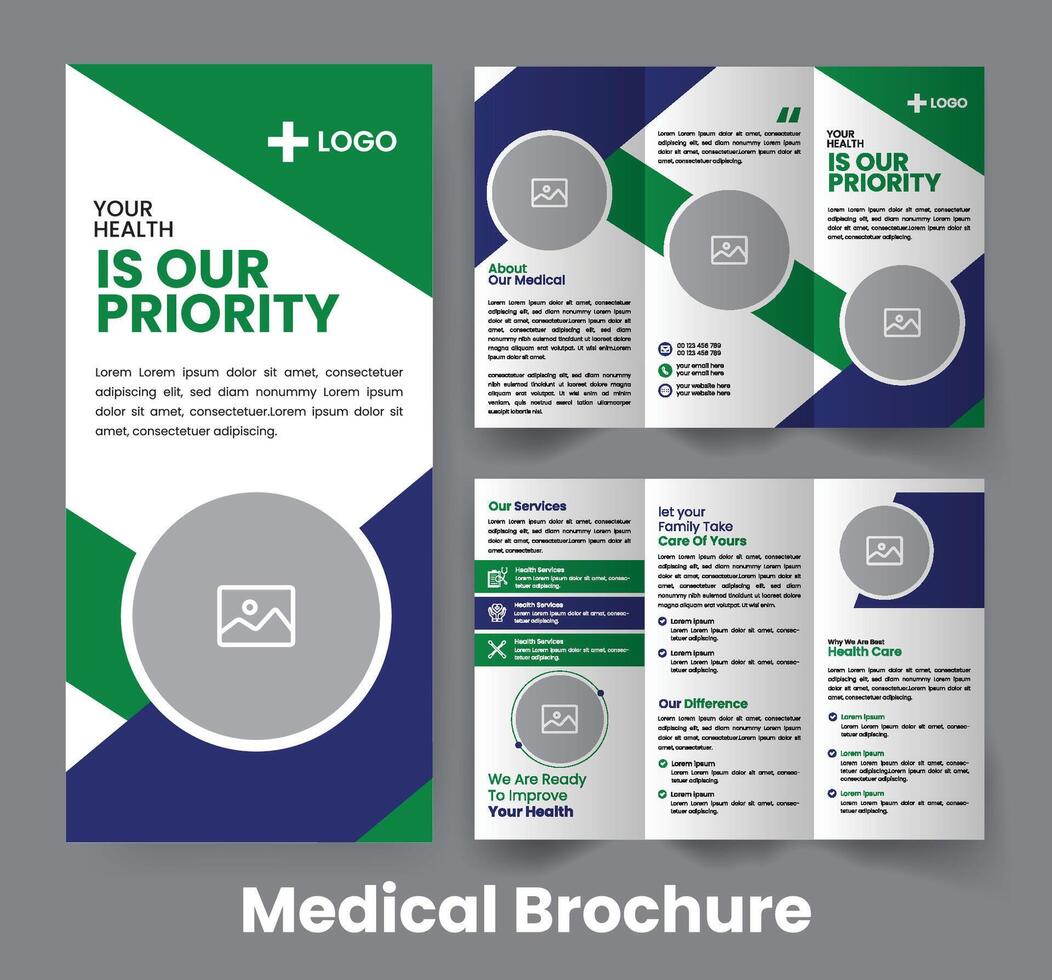 Health Trifold Brochure Template. Medical Catalog Pamphlet Design.. Green Accent Flyer vector