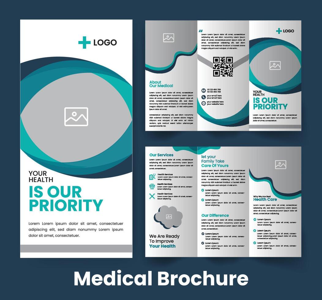 Health Trifold Brochure Template. Medical Catalog Pamphlet Design. Abstract Navy Blue Accent Flyer vector