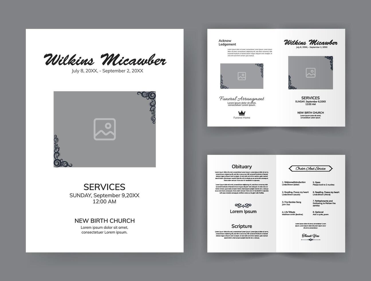 Funeral  Template for Memorial Program. Minimalist Bifold Brochure Design Layout. vector