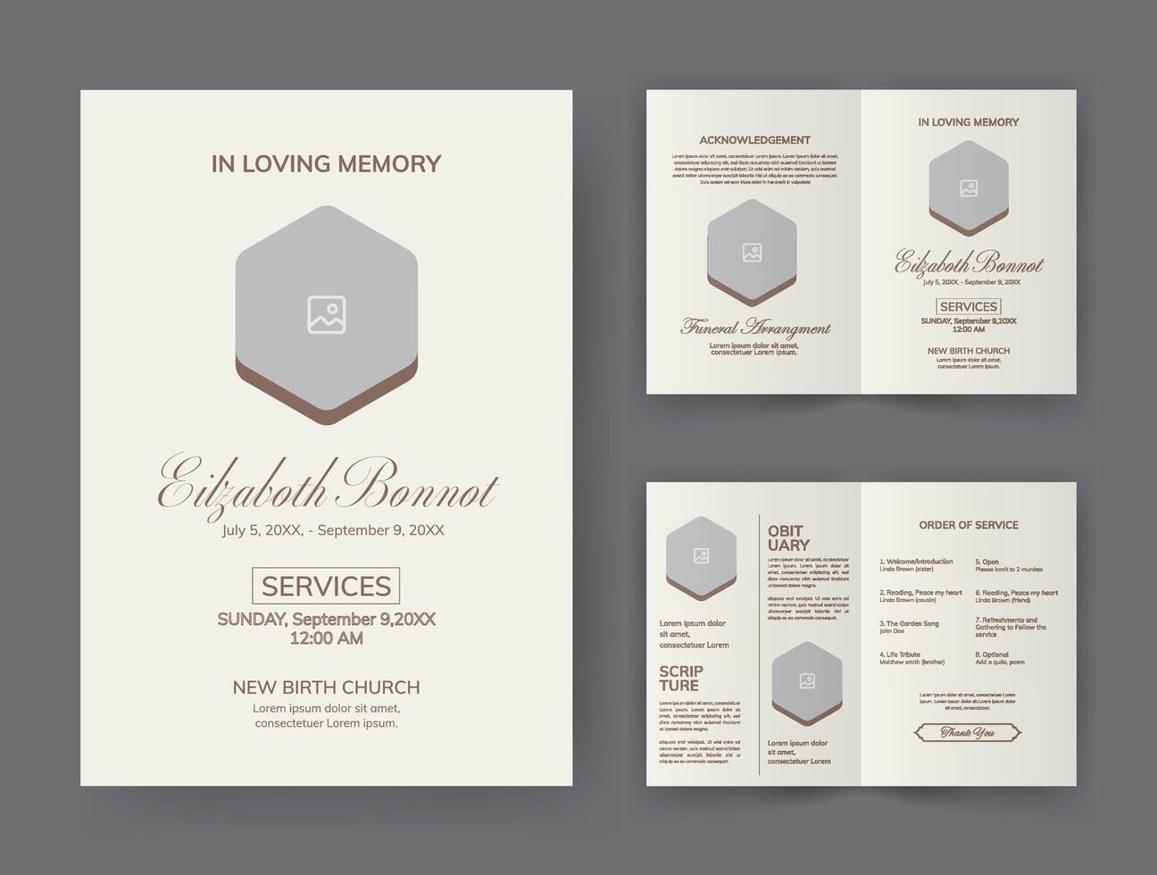 funeral modelo para monumento programa. minimalista bifold folleto diseño disposición. vector