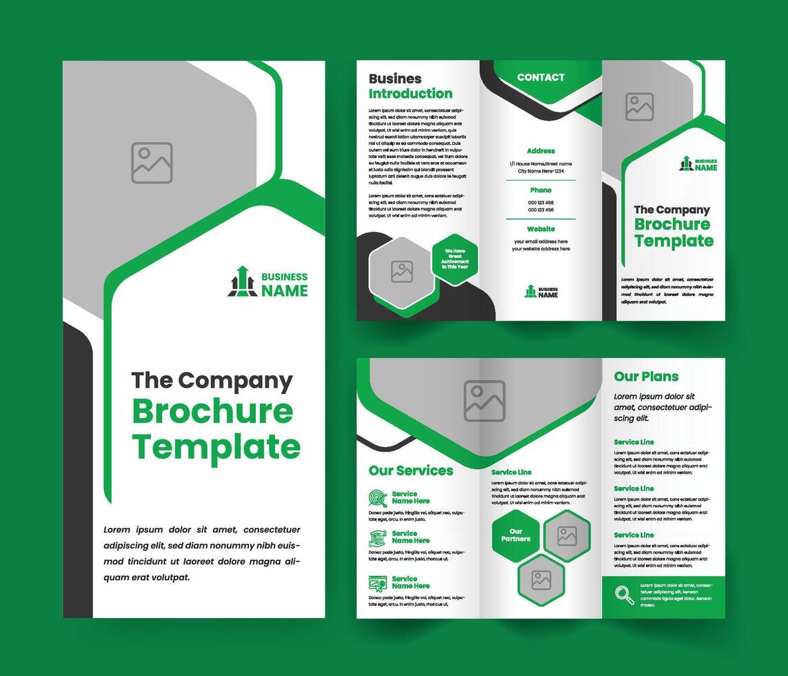 negocio visión de conjunto tríptico a4 folleto modelo. verde acento repartir márketing diseño para compañía. vector