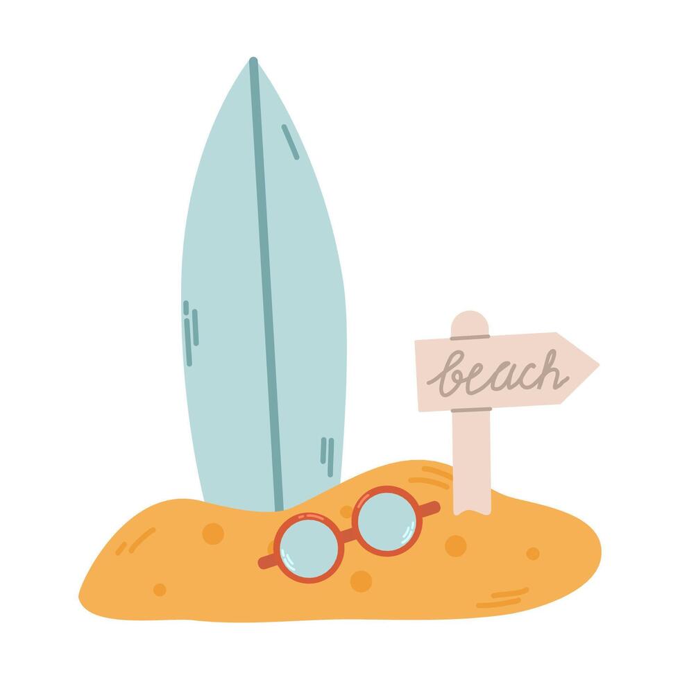 Hola verano conjunto de elementos en arena, vector ilustración tabla de surf en arena, playa puntero, Gafas de sol