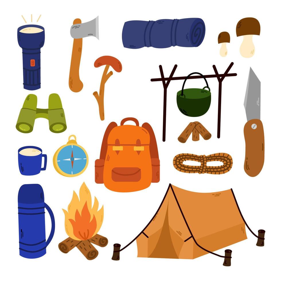 Large set of hiking equipment. Items for summer camping, trekking. Outing equipment. Camping equipments. vector