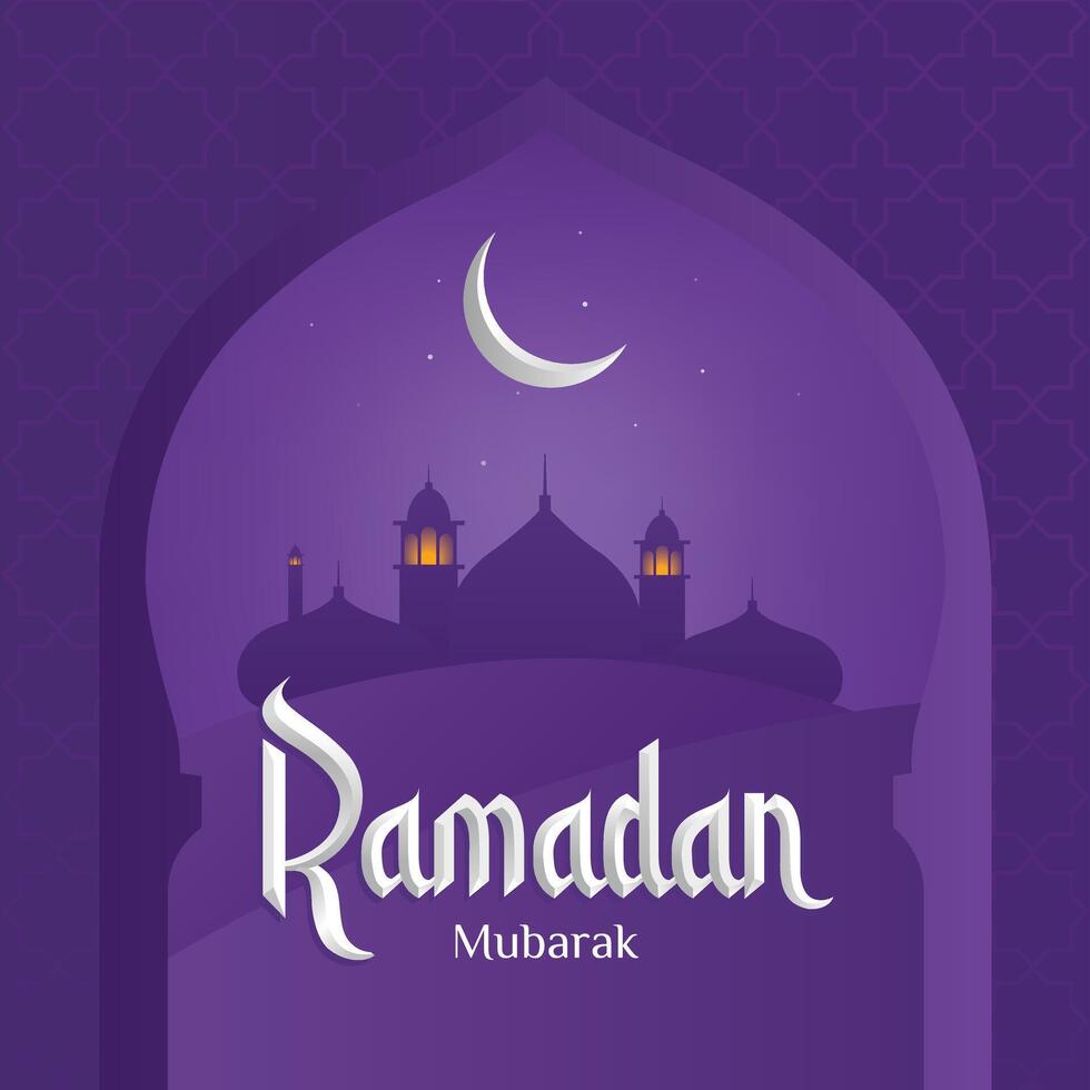 Ramadan Mubarak Greeting Night Sky with Mosque Silhouettes Illustration Template vector
