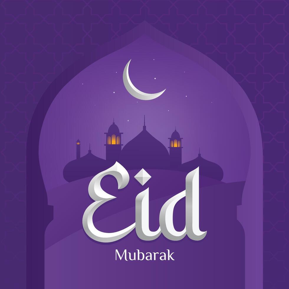 Eid Mubarak Greeting Night Sky with Mosque Silhouettes Illustration Template vector
