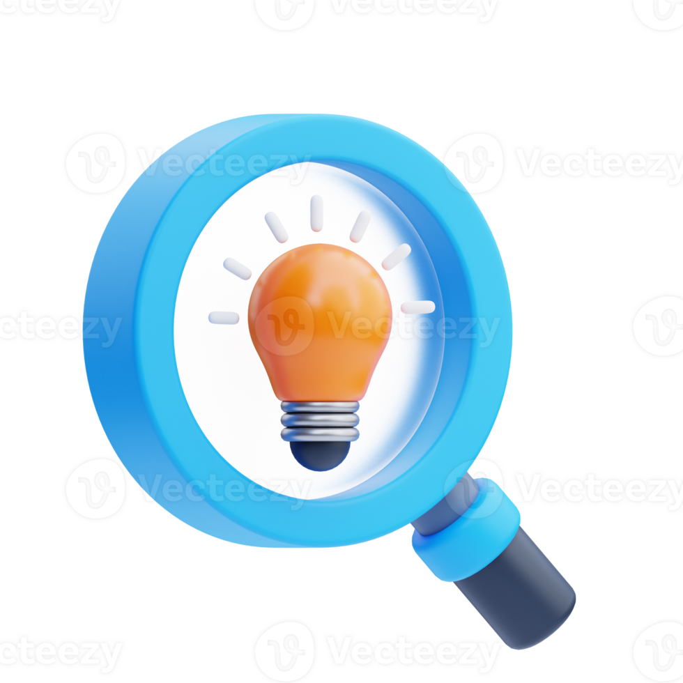 3D Magnifying glass and light bulb icon on transparent background png