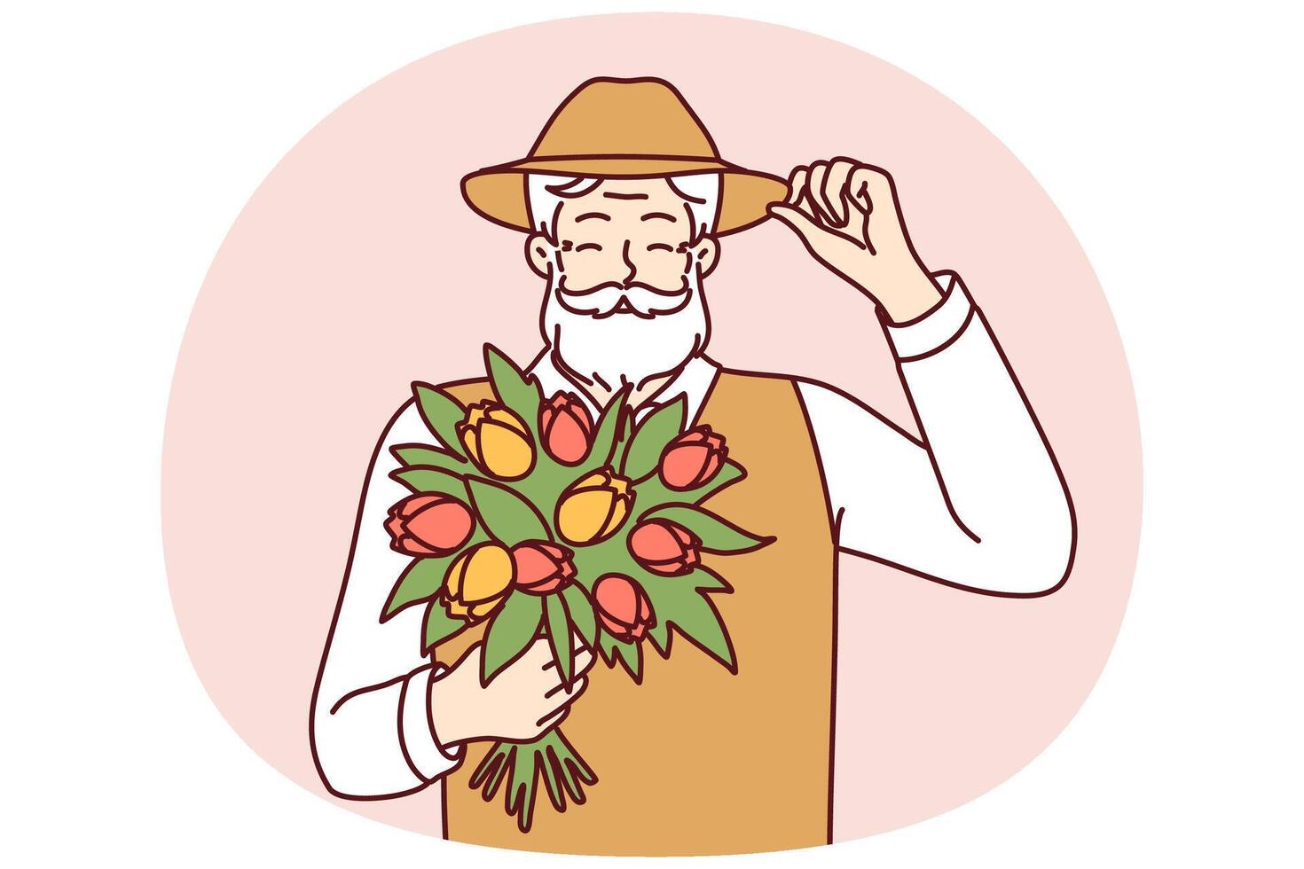 Cheerful elderly man with beard holds bouquet of spring flowers touches hat in greeting vector