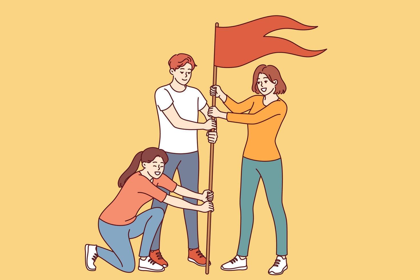 Team of successful people plants victory flag, symbolizing excellent teamwork and personal growth vector