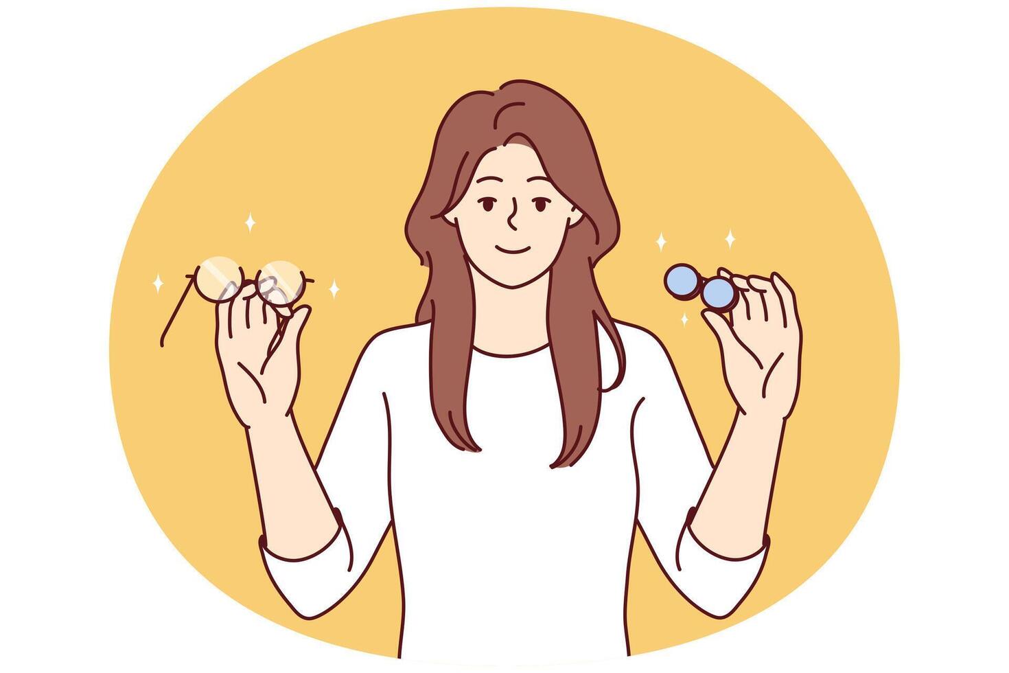 Woman holds glasses and lenses in hands choosing product for eye and vision care. Vector image