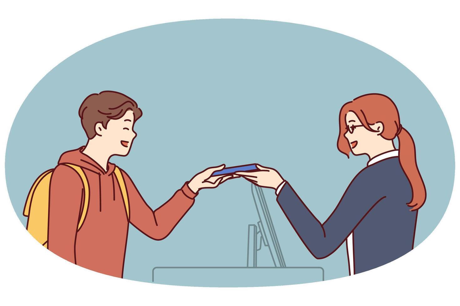Woman working as secretary or at hotel at reception serves man by holding out magnetic key vector