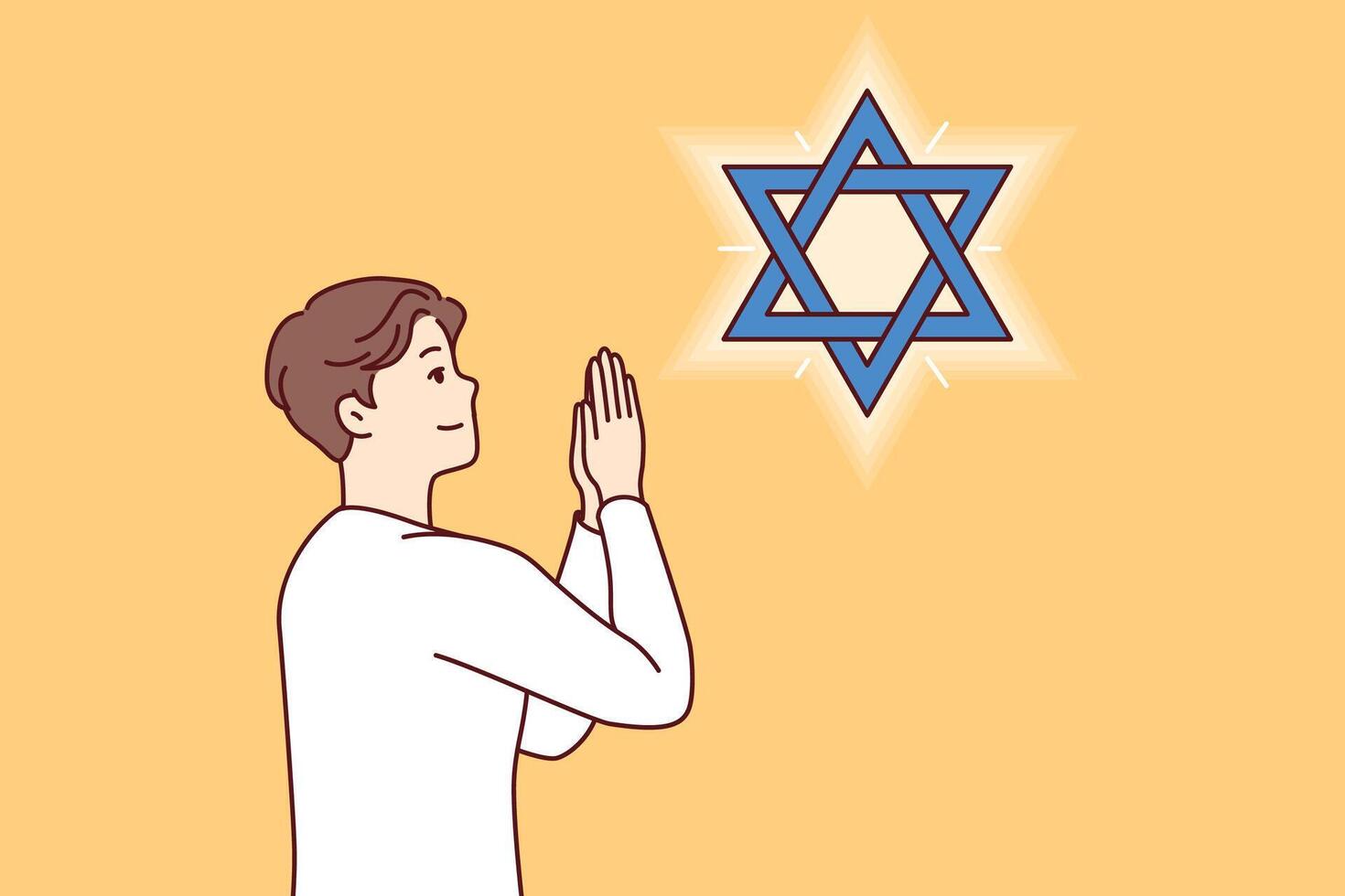 Jewish man teenager prays, looking at star of David, observing ritual in preparation for shabbat vector