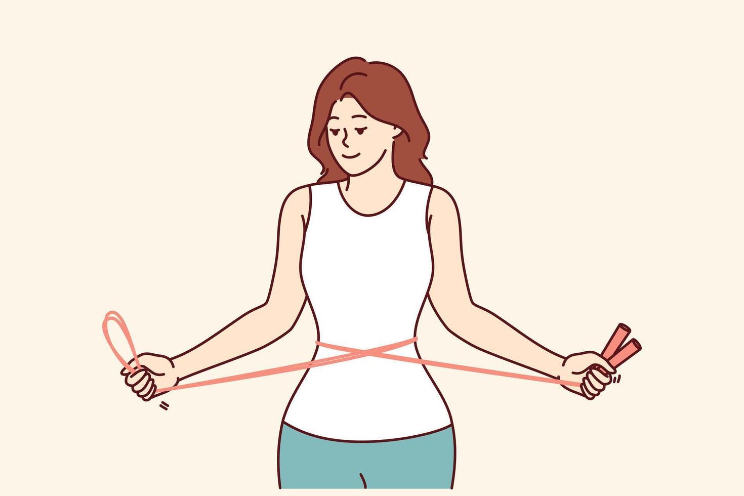 Fitness woman training with jump rope in hands, showing off slender figure and thin waist vector