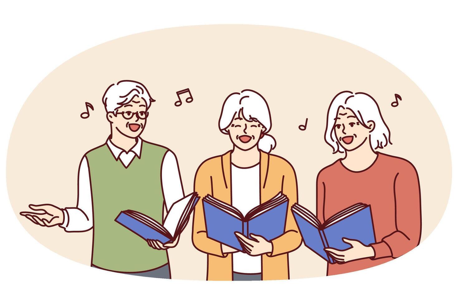 Chorus elderly men and women with workbooks in hands singing song together and enjoying old age vector