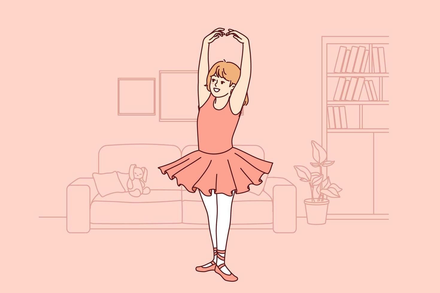 Little ballerina dreams of ballet, and practices dancing, dressed in dress and pointe shoes vector