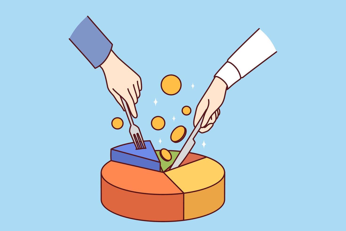 Statistical chart and hands partners dividing financial pie, trying to extract income from business vector