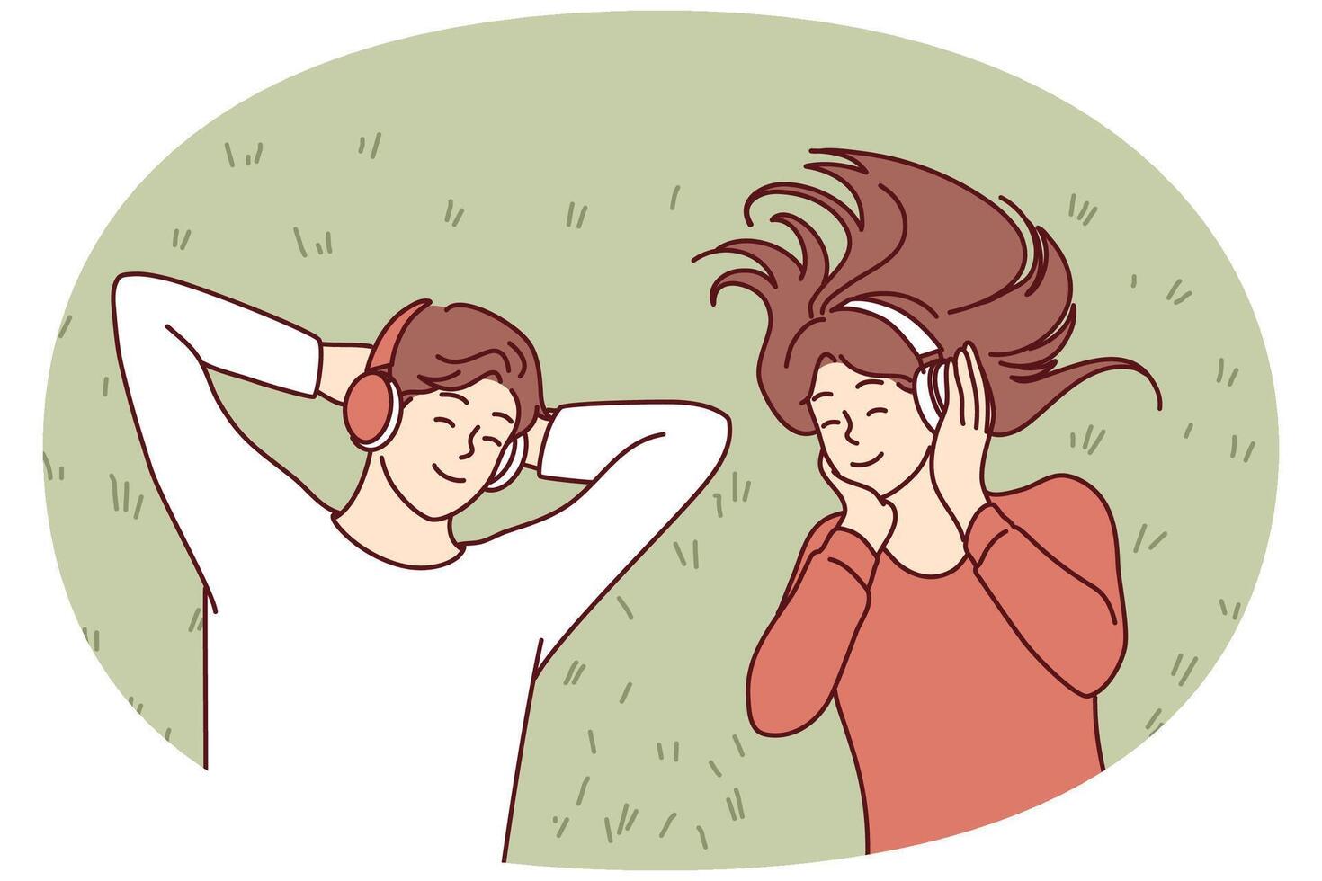 hombre y mujer disfrutar escuchando a música en inalámbrico auriculares y disfrutar frio canción. vector imagen