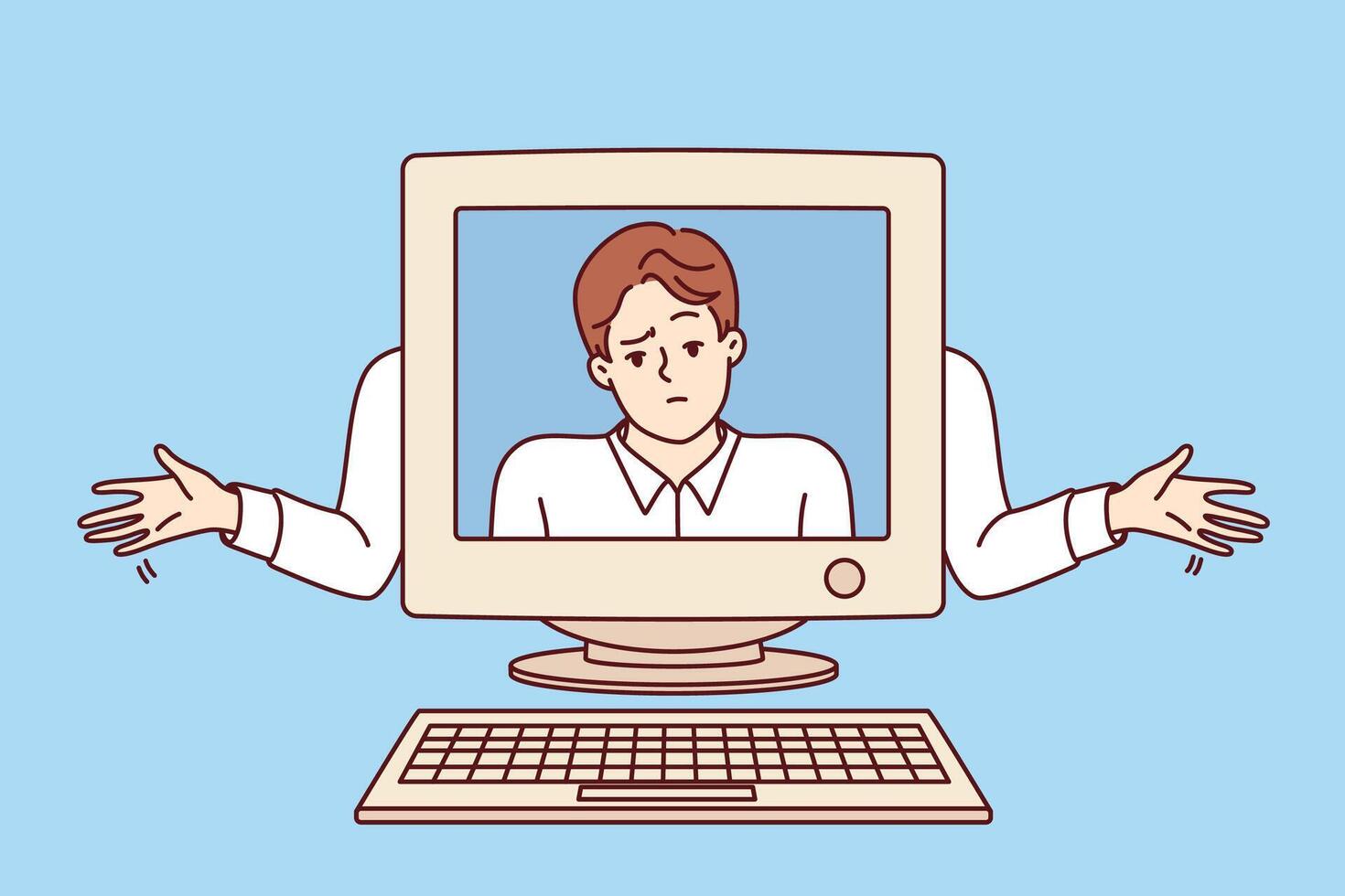 Old computer with disappointed man on screen, as metaphor outdated technologies. vector