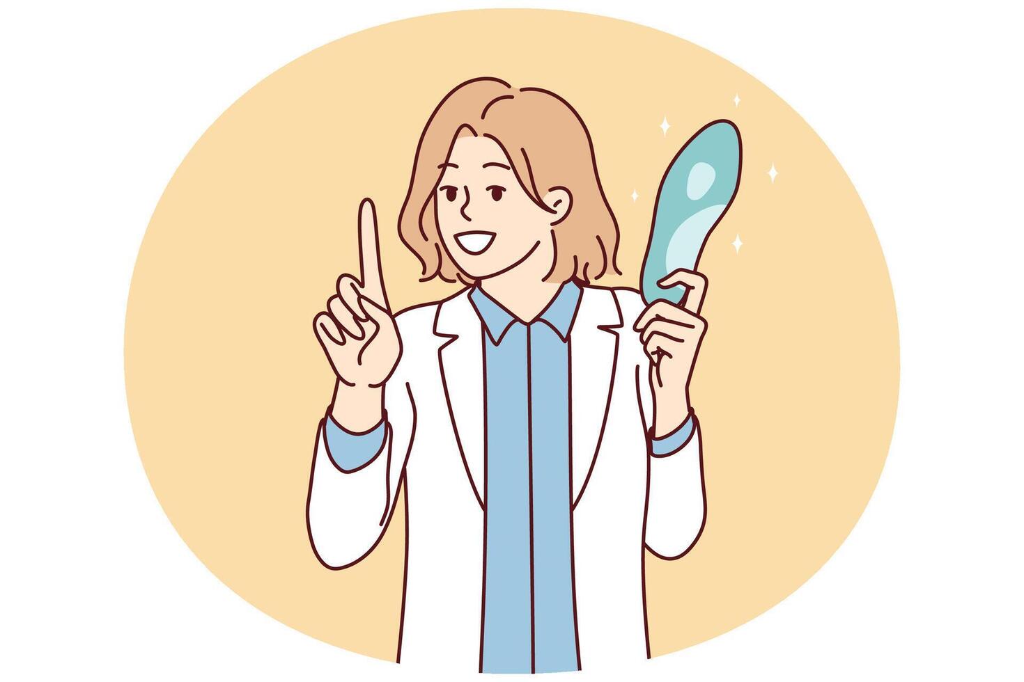 Female doctor in white coat holding blue object giving recommendation to patient. Vector image