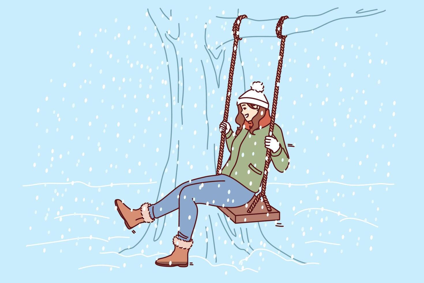 Woman swings on swing in winter park, rejoicing at falling snow and approach christmas or new year vector