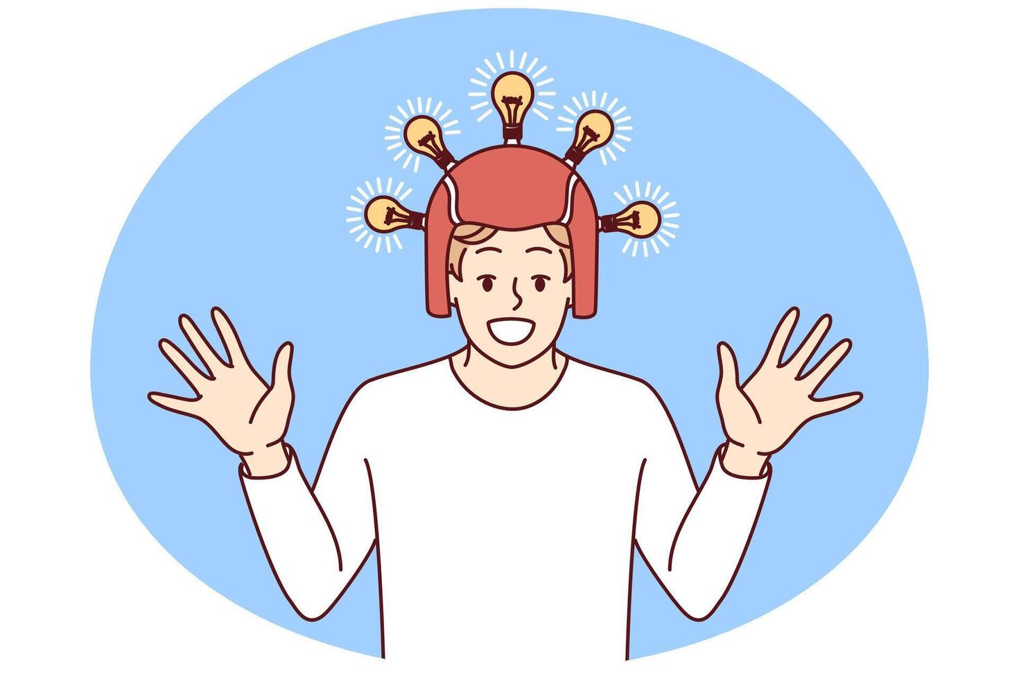 Satisfied excited man in helmet with glowing light bulbs raises hands and smiles. Vector image