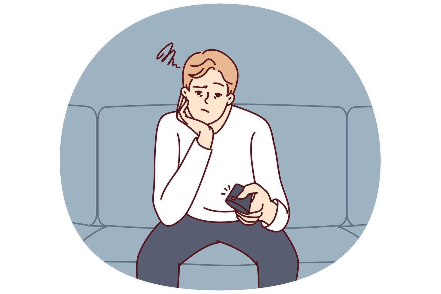 Bored man holding TV remote due to lack of satellite television channels with interesting shows vector