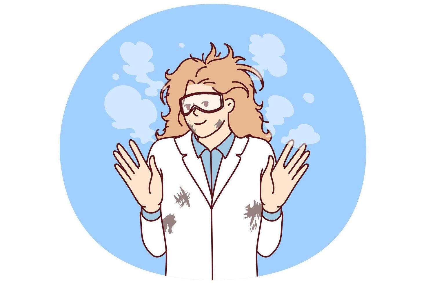 Woman mad scientist with tousled hair after failed experiment with chemical reagents. Vector image