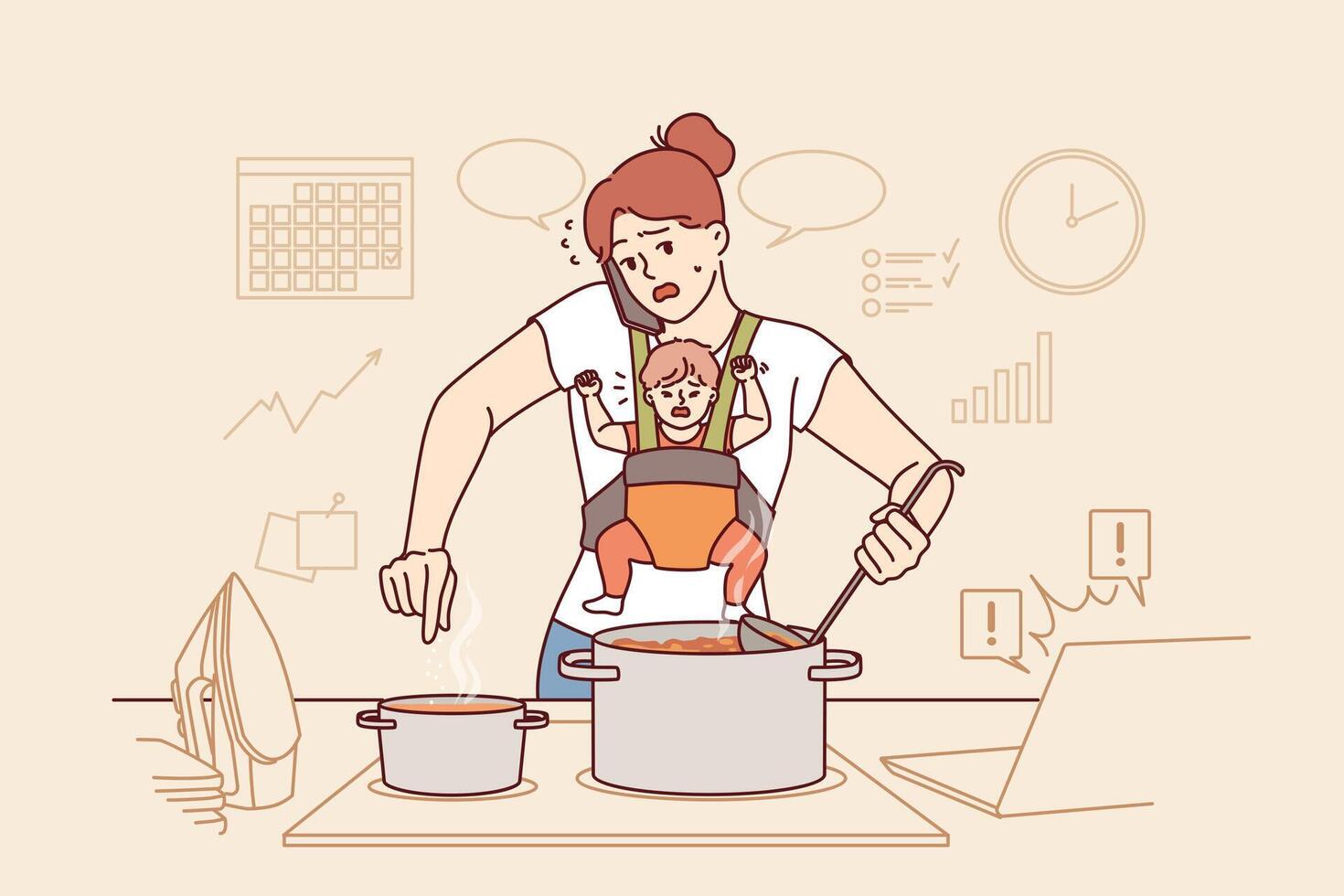 Mother takes care of baby and works around house at same time, stands with phone near kitchen stove vector