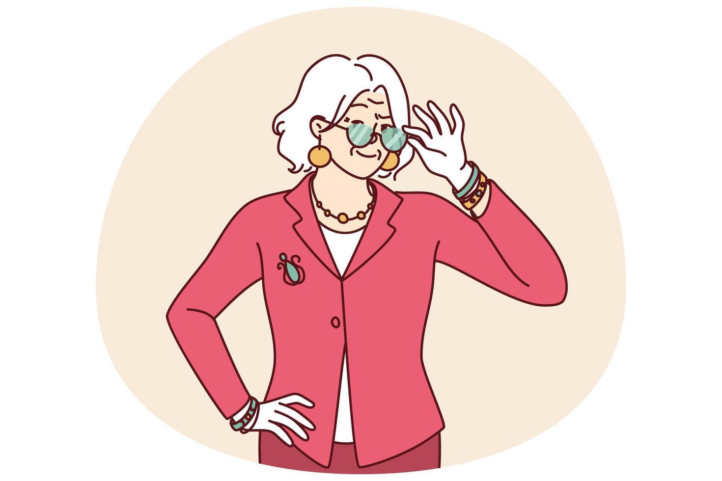 Elderly woman in elegant suit for going to work or dinner party adjusts glasses in front of eyes vector