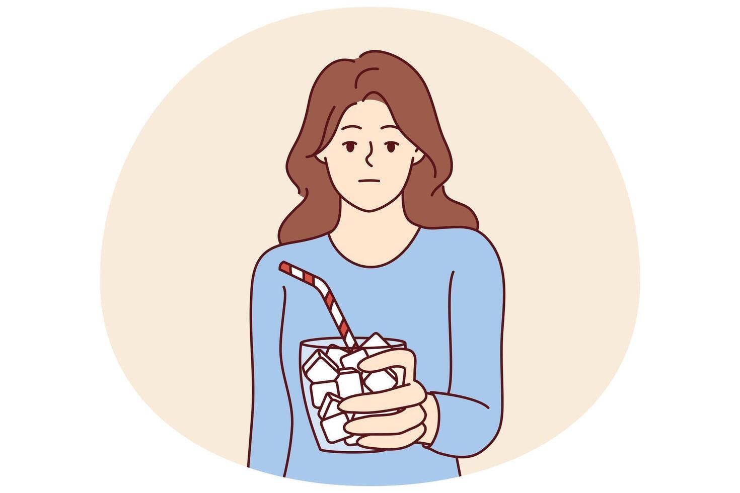 Emotionless girl holds glass full of sugar with straw symbolizing unhealthy nutrition vector