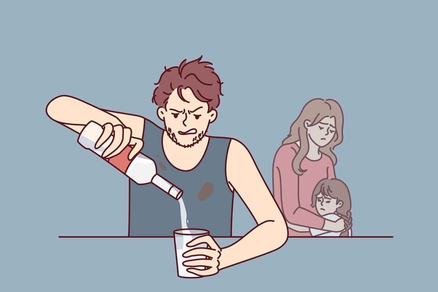 Bebiendo padre sentado a mesa, vierte vodka dentro vaso, postergación trastornado esposa y pequeño hija vector