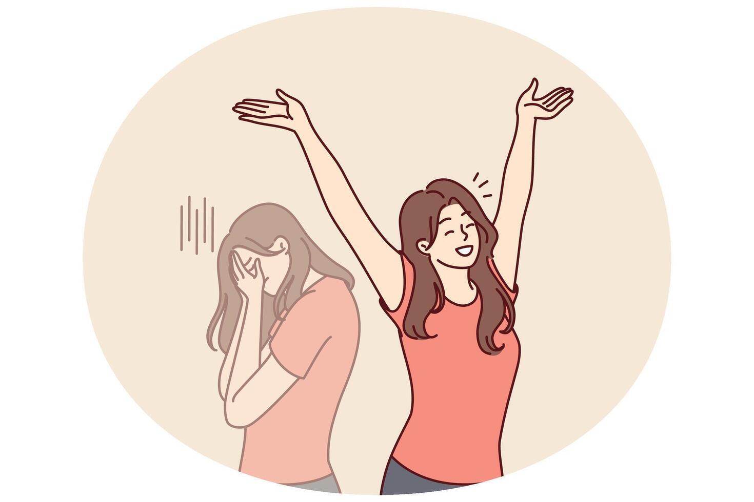 Woman raises hands up and rejoices having got rid of bad emotions and depression spoiling mood vector