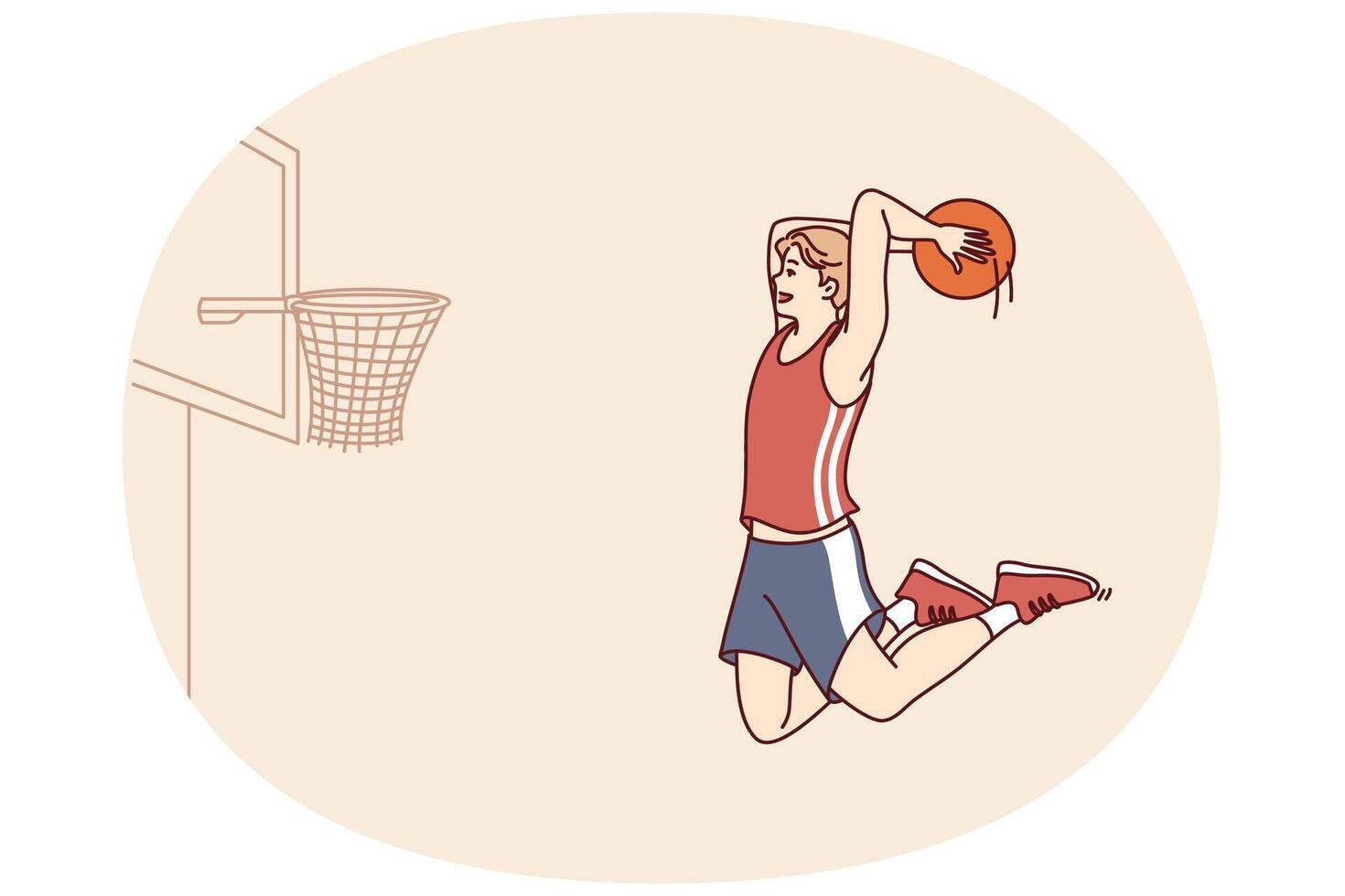 Basketball player bounces with ball in hands to score goal in hoop and defeat opposing team vector