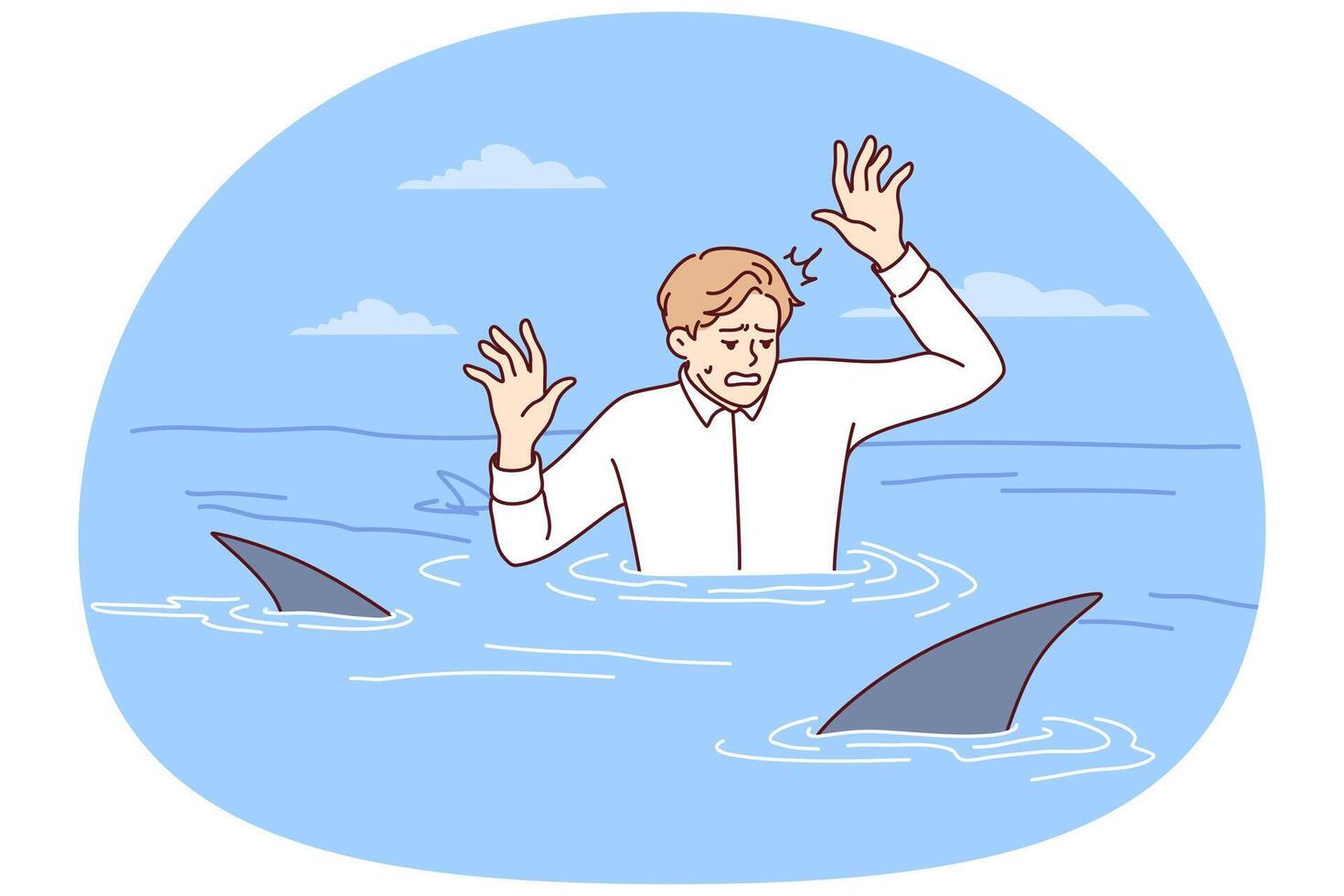Frightened man in business shirt is in water with sharks and raises hands out of panic. Vector image