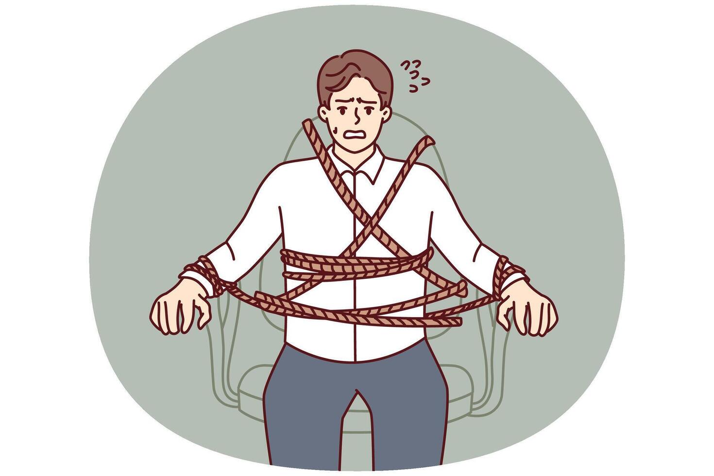 Business man is tied to office chair and feels fear due to strict deadlines. Vector image