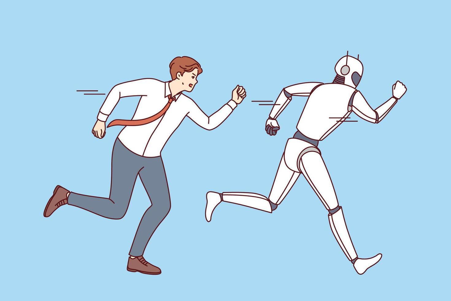 Man office clerk attacks AI robot, out of fear digitalization and robotization causing mass layoffs vector