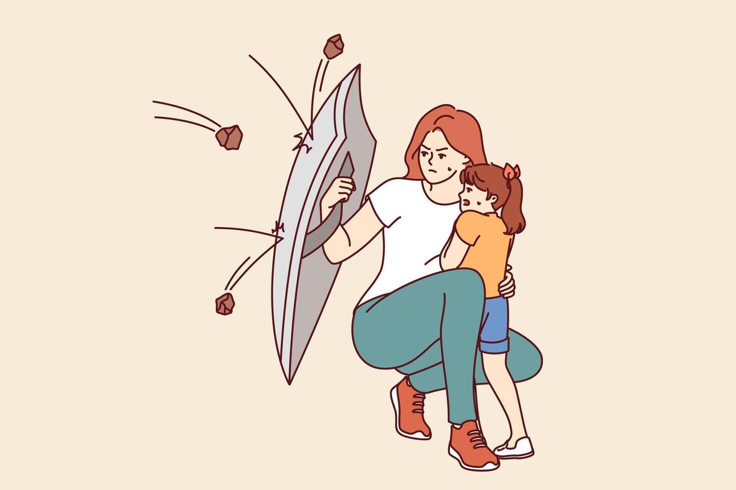 madre protege pequeño hija desde volador piedras utilizando acero proteger, demostrando valor vector