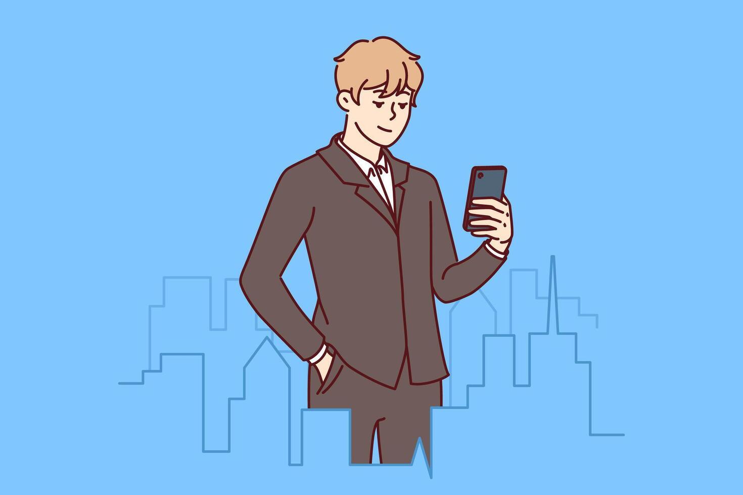 Successful businessman stands in downtown with miniature buildings and holds mobile phone vector