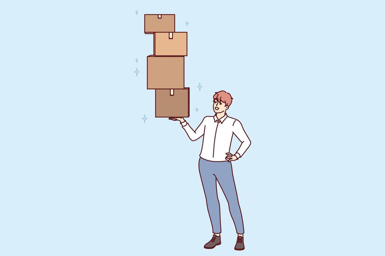Successful man lifts several boxes with ease, demonstrating professional skills in fulfillment vector