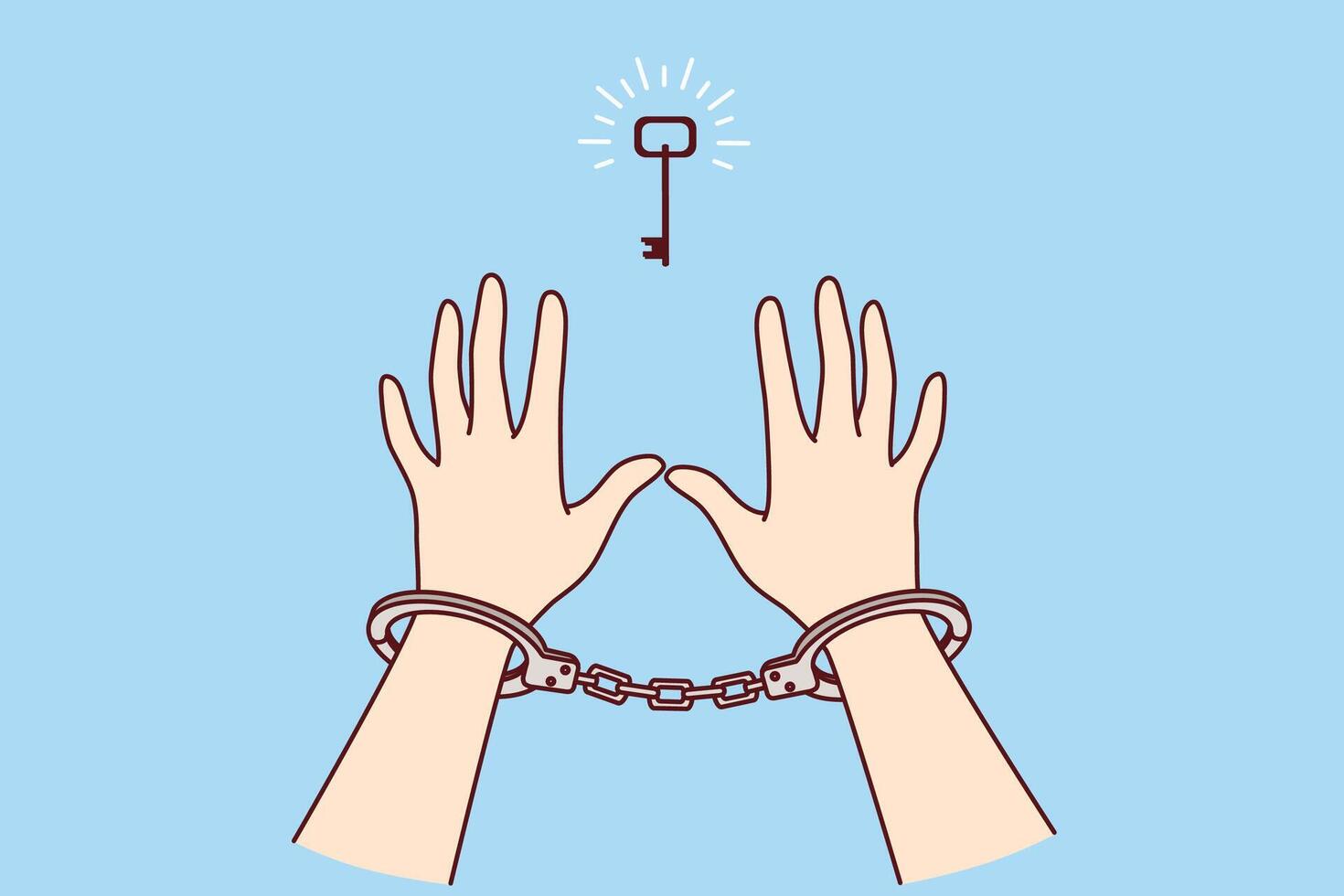 Man in handcuffs reaches for key, wanting freedom, metaphor for solution to problem found vector